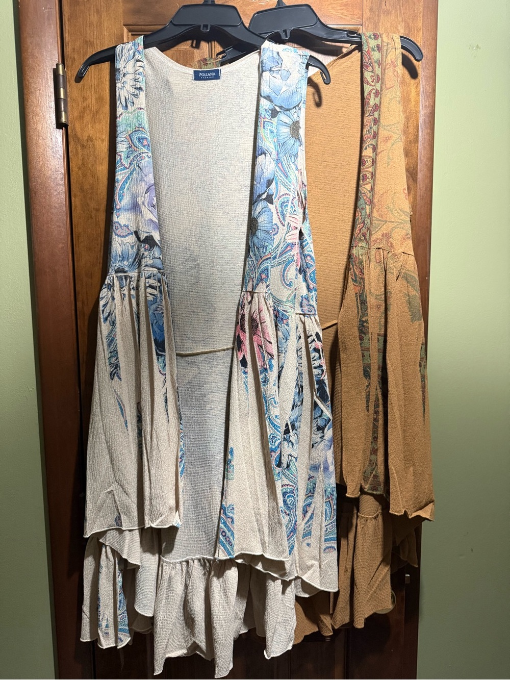 2 NWOT Poliana Sleeveless Boho Layered Vest with Blue Floral Trim